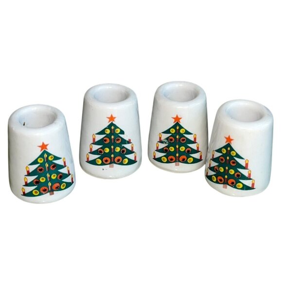 Mini 4 Candleholders Ceramic Tiny Vtg Christmas Holiday Cozy Unique Decor - Picture 1 of 7